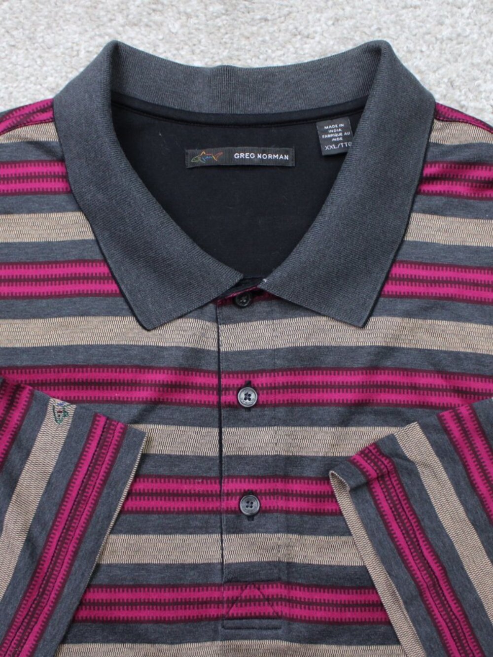 Greg Norman Polo Shirt Mens 2XL XXL Purple Striped Contrast Collar Golf S/S